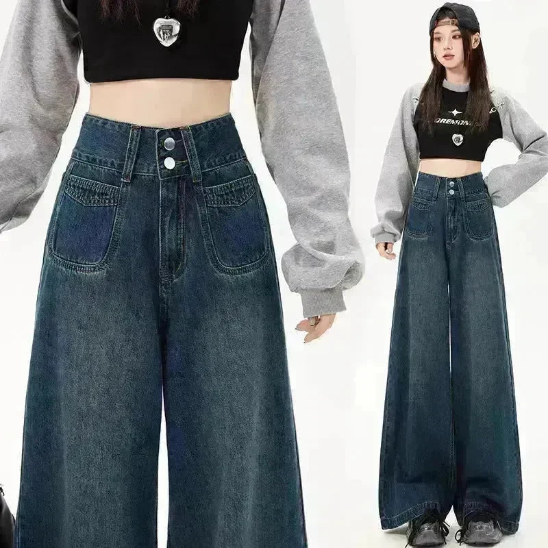 New Simple High Waist Casual Straight-leg Baggy Jeans Pant For Women - EX-STOCK CANADA