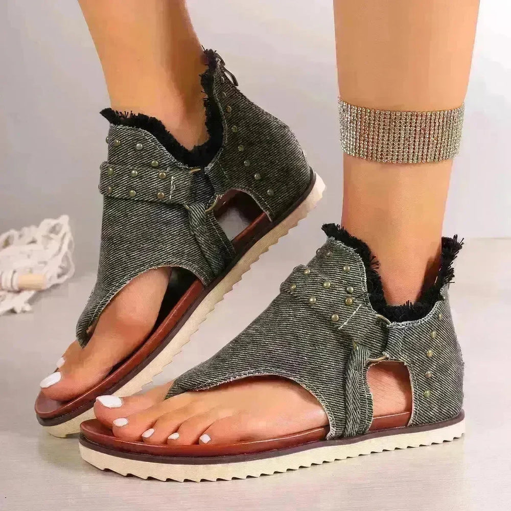 Denim Thong Sandals With Rear Zipper Summer Retro Beach Flat Sandals - EX-STOCK CANADA