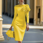 Women's Floral Embellished Long Sleeve Solid Color Round Neck A-Line Bodycon Party Dress For Spring&Summer Vacation EX-STOCK