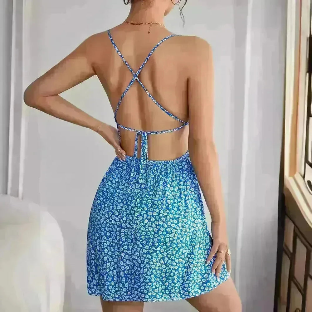 Women Fashion Printed Casual Spaghetti Strap Backless Mini Skater Dress - EX-STOCK CANADA