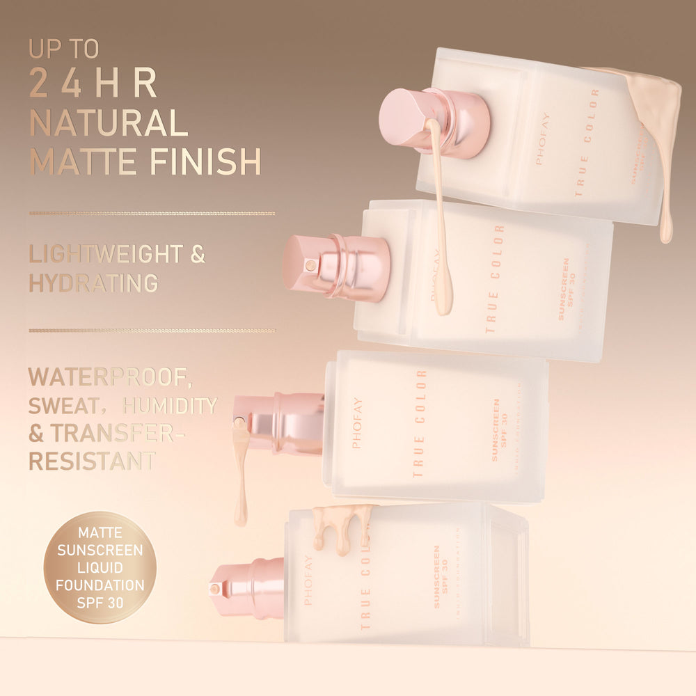 Matte liquid foundation packaging with text highlighting features on a beige background