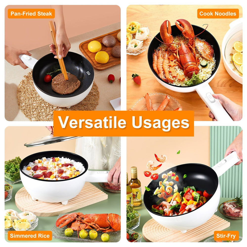 Electric Hot Pot Non-Stick Frying Pan Portable Rapid Noodles Cooker With Long Handle Steamer Spatula Dual Power Control Overheat Dry-Boil Protection For College Dorm Room Essential EX-STOCK