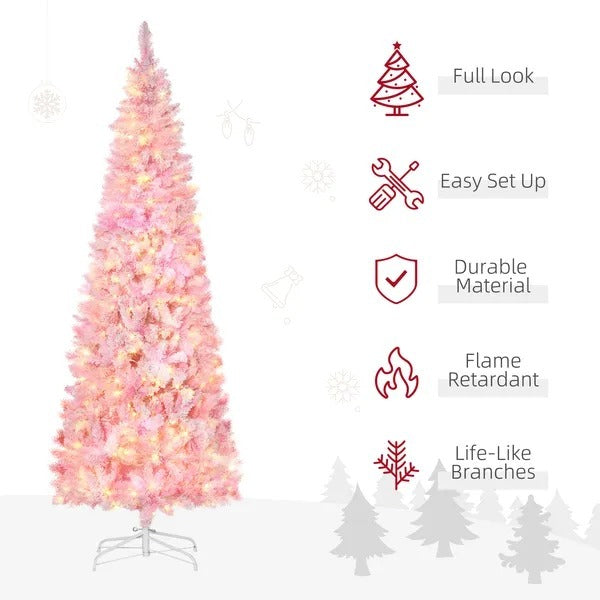 7.5 Foot Prelit Snow Flocked Artificial Christmas Tree With Pencil Shape, 700 Pine Realistic Branches, Warm White LED Lights, Auto Open, Pink And White EX-STOCK Canada 