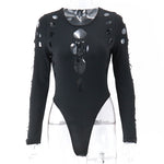 Black bodysuit with cut-out design on a white background