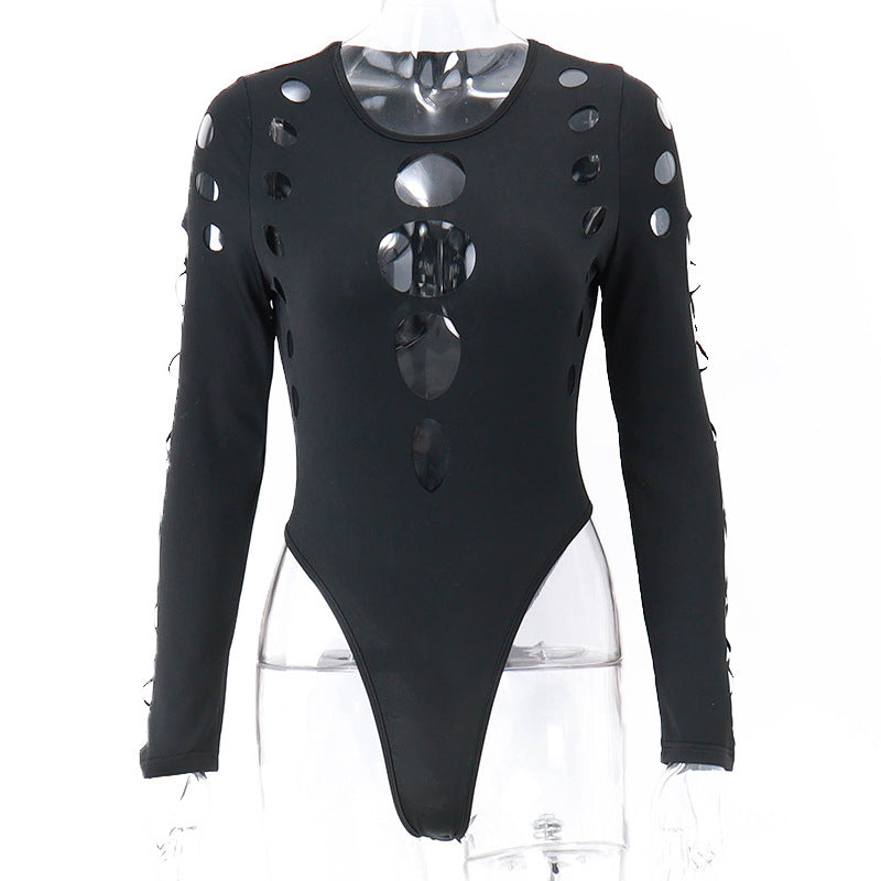 Black bodysuit with cut-out design on a white background