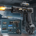 Toy gun with features listed on a gray background