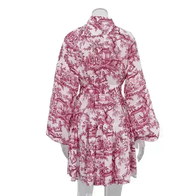 Ink Print Long Sleeve Floral Short Mini Skater Dress With Fashion Puffy Sleeve Lapel Tie A-Line Dress Clothing - EX-STOCK CANADA