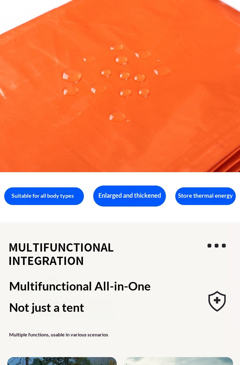 An orange waterproof tent fabric sheet with water droplets on top, shown above marketing text that reads 'Multifunctional Integration' and 'Multifunctional All-in-One Not just a tent'.