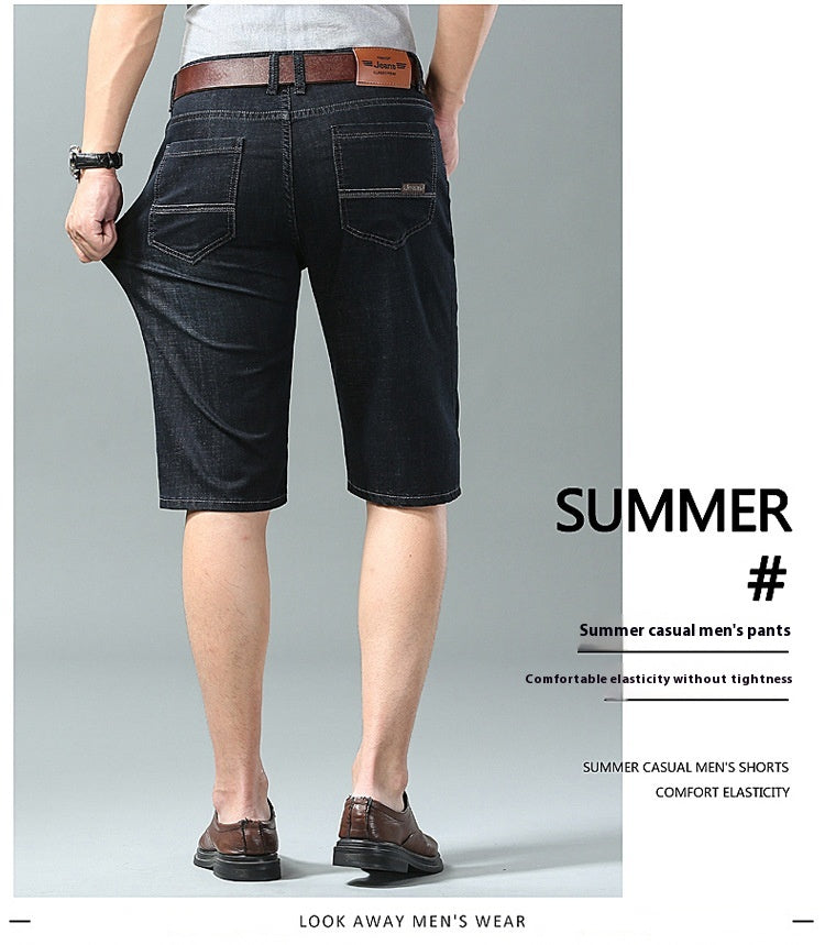 A man shown from the back wearing dark denim knee-length shorts, a white shirt, and brown shoes, with text on the right reading 'SUMMER #' and 'Summer casual men's pants' on a light gray background.
