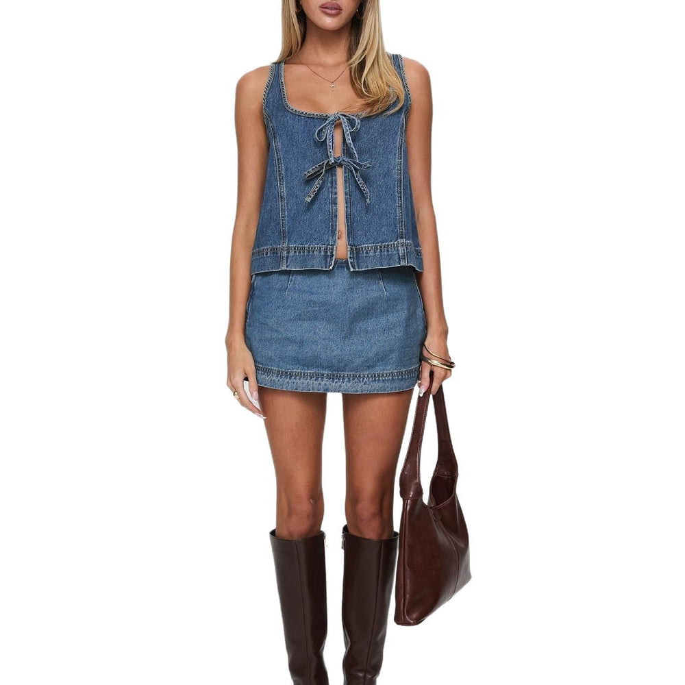 Women's Sleeveless Lace-up Denim Vest Shorts 