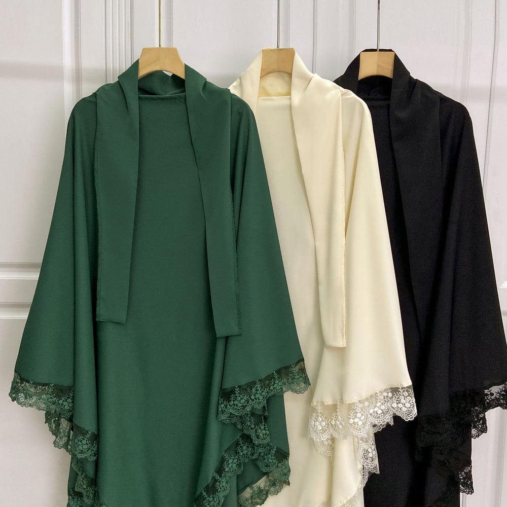 عباية بألوان صلبة بتصميم أغلفة باوتوو مع وشاح رأس من الدانتيل - EX-STOCK Canada