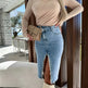 Fashion Solid Front Split Midi Denim Skirt - EX-STOCK CANADA