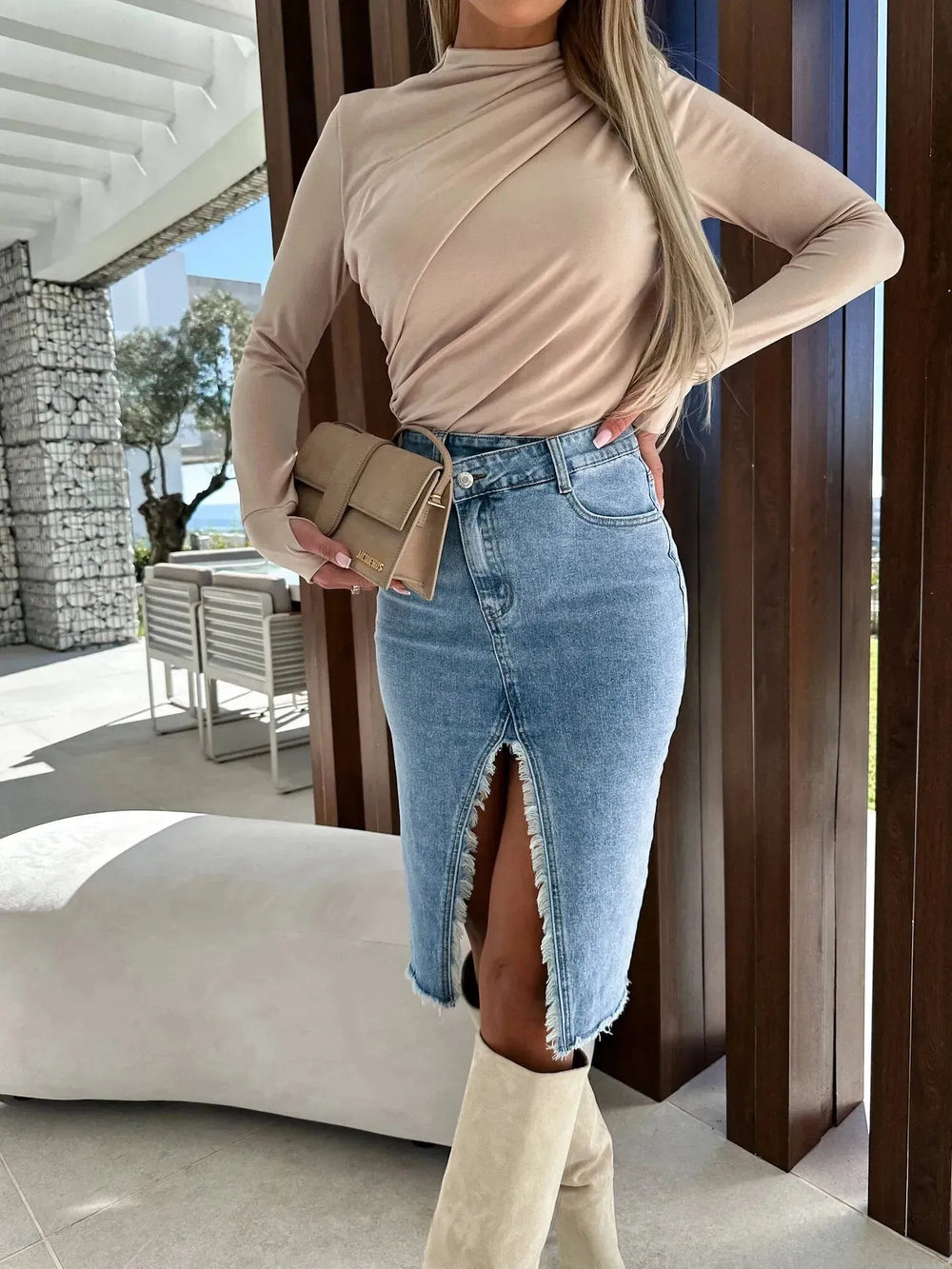 Fashion Solid Front Split Midi Denim Skirt - EX-STOCK CANADA