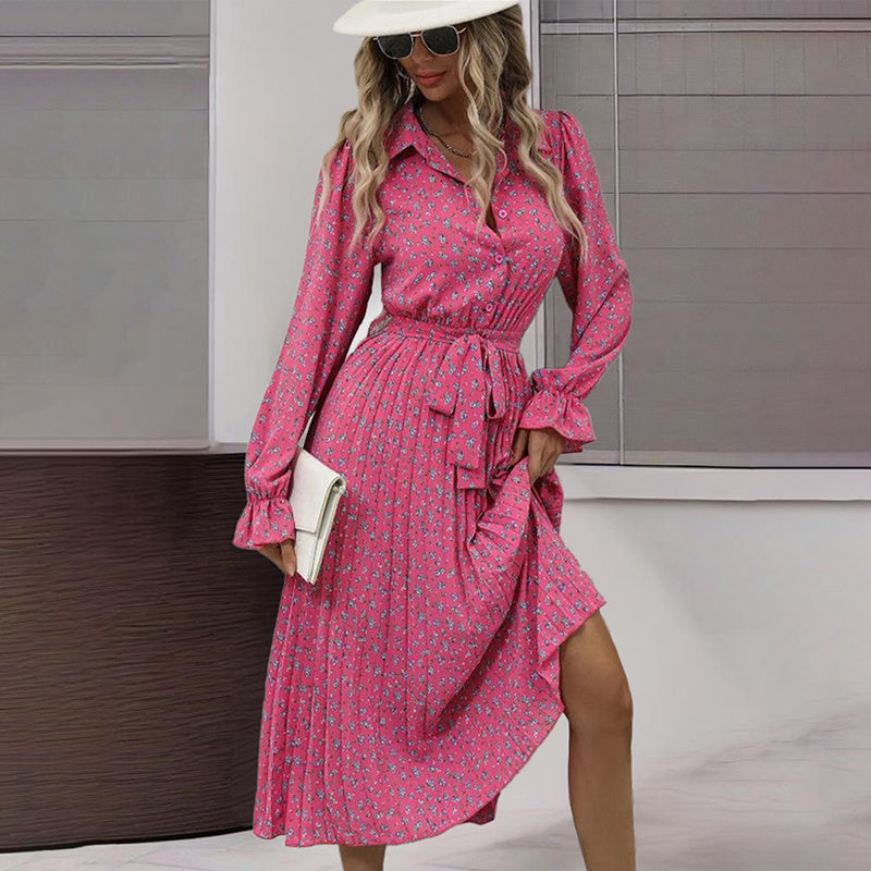 Women's Long Sleeve Midi Dress V Neck Button Down Belted A-Line Flowy EX-STOCK