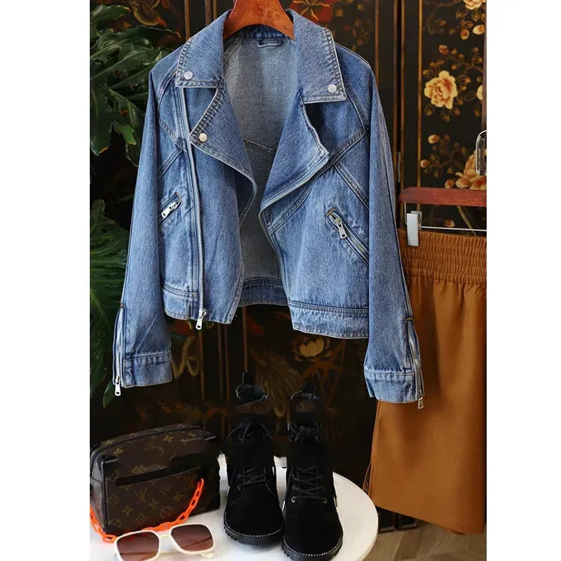 Large Lapel Long-sleeve Zipper Locomotive Style Denim Coat Jacket Women - EX-STOCK CANADA