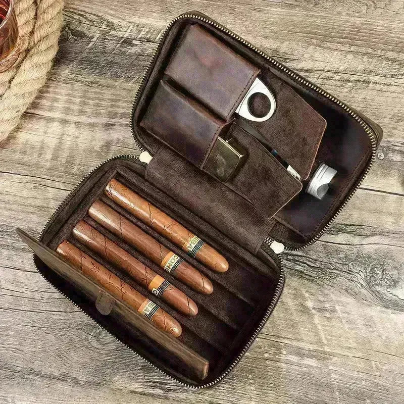 Portable Horse Leather Double Zipper Storage Cigar Travel Humidor Bag - EX-STOCK CANADA
