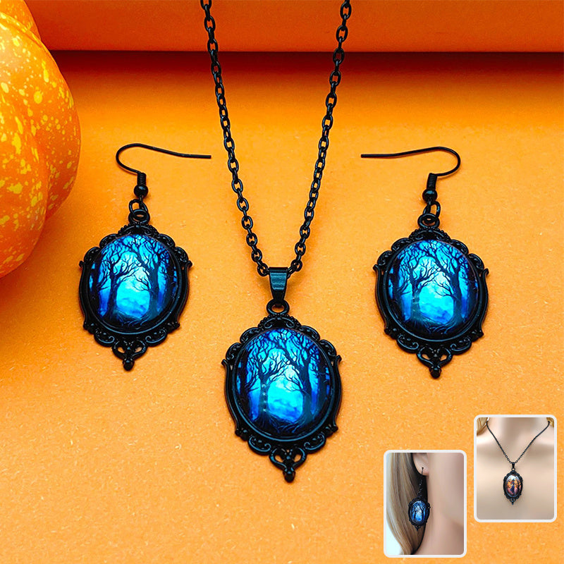 3pcs Vintage Halloween Tree Of Life And Witch Necklace Set With Earrings Alloy Pendant Jewelry EX-STOCK