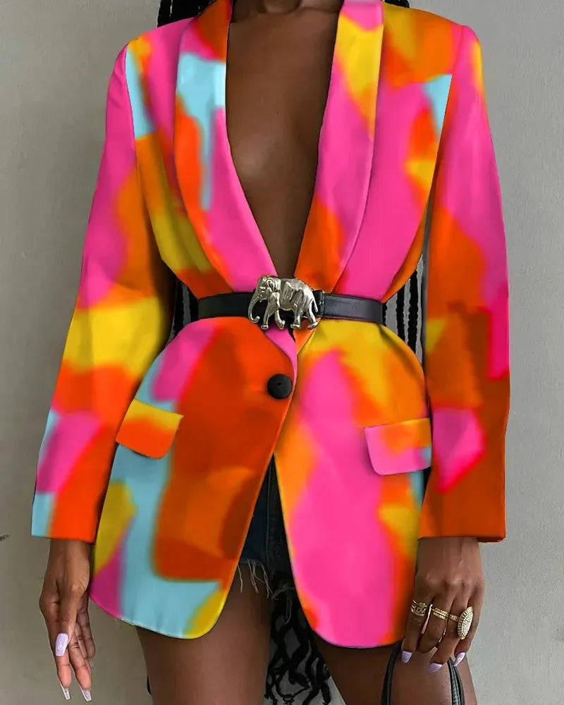 Fashion Printed Shawl Collar Single-breasted Belt Vintage Blazer Women - EX-STOCK CANADA