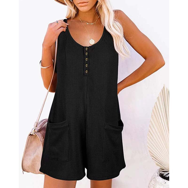 Women's Button Front Romper Jumpsuit With Pockets Casual Solid Color Sleeveless Summer Jumpsuit EX-STOCK