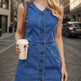 Women’s Fashion Trend Sleeveless Dress, V-neck Design - Button Detail Frayed Hem Denim Skirt 