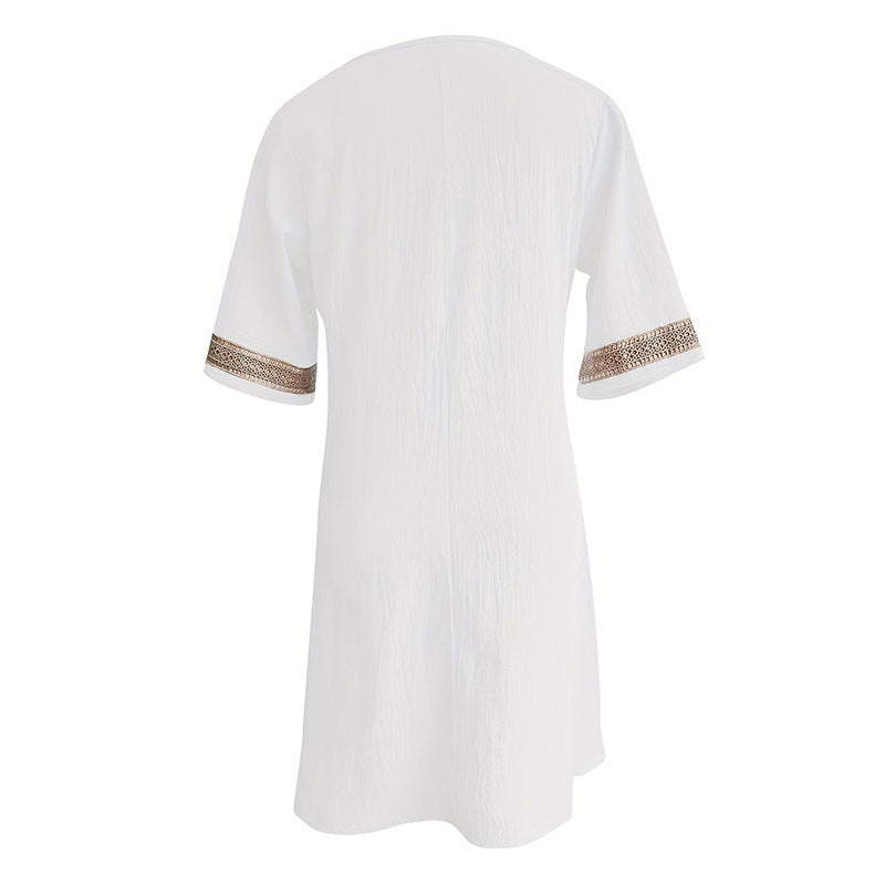 Women's Chic Guipure Lace V-Neck Tunic Dress Knee-Length, Hollow Detail,All-Season Dress EX-STOCK