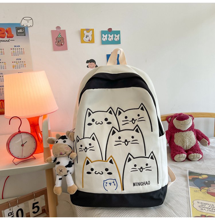 Korean Kawaii Cat School Backpack – Embroidered Nylon Bag, blk