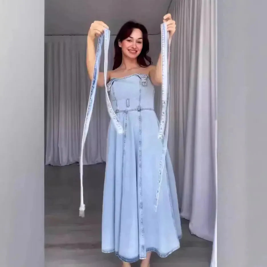 Sexy Denim Tied Spaghetti-strap Dress - EX-STOCK CANADA