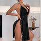 Elegant Women's Black Lace Slit Dress - Deep V-neck Lace Hem, Halter Thigh High Strap Pajamas, Soft Polyester And Spandex Blend, Perfect For Pajamas Or Evening Wear, Lace Dress EX-STOCK
