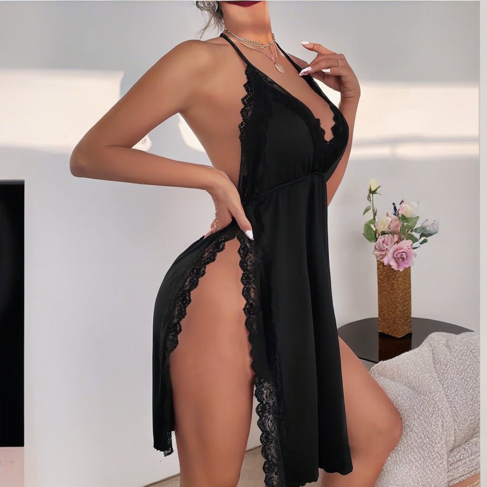 Elegant Women's Black Lace Slit Dress - Deep V-neck Lace Hem, Halter Thigh High Strap Pajamas, Soft Polyester And Spandex Blend, Perfect For Pajamas Or Evening Wear, Lace Dress EX-STOCK
