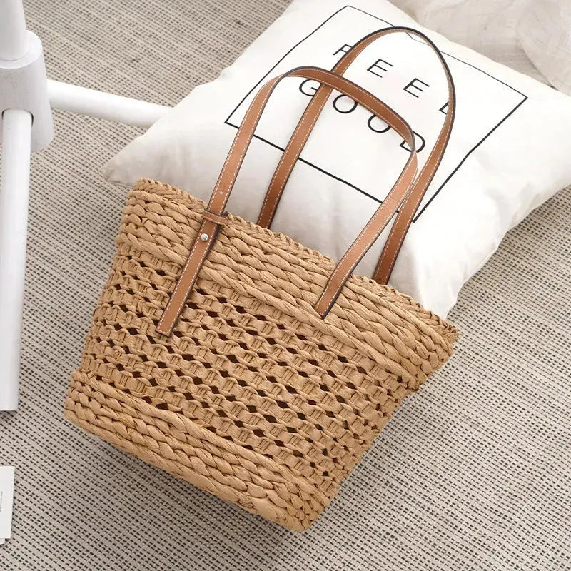 Large Capacity Fashion Urban Simple White Khaki Straw Braided shopper Beach Bag - EX-STOCK CANADA
