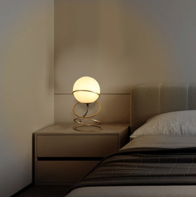 13.5 H Glass Globe Matte Gold Spiral 4 Ring Metal Stand Table Lamp For Living Room, Nightstand Bedside Table Lamp For Bedroom, LED Lamp EX-STOCK