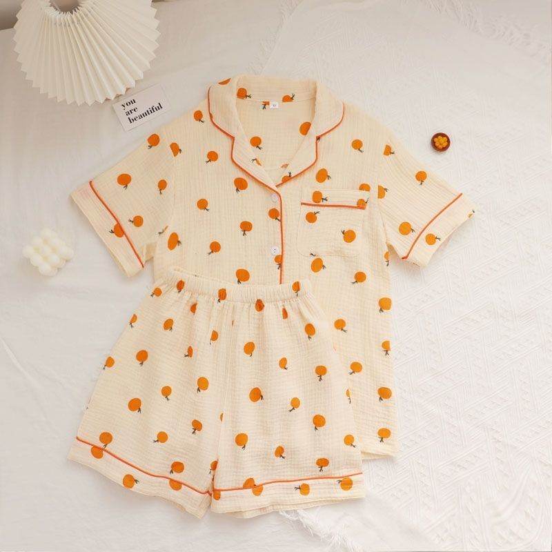 Summer Japanese Bubble Cotton Cute Orange Pajamas For Women - EX-STOCK Canada