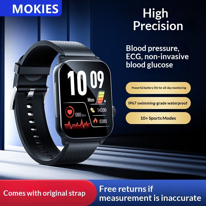 Black smartwatch with a rectangular digital display and textured black strap, shown on a dark blue promotional background with text highlighting high precision, blood pressure/ECG/glucose monitoring, IP67 waterproof, 10+ sports modes, and original strap included.