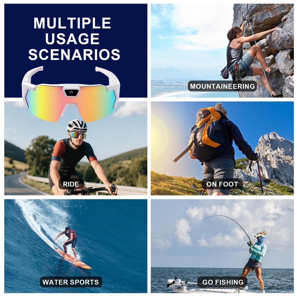 Collage of sunglasses being used in various outdoor activities with text labels.