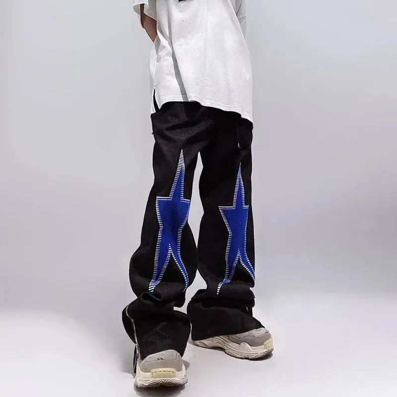 Five-pointed Star Embroidery Denim Horn Loose Straight Casual All-match Mop Jeans Baggy Trousers Men - EX-STOCK CANADA