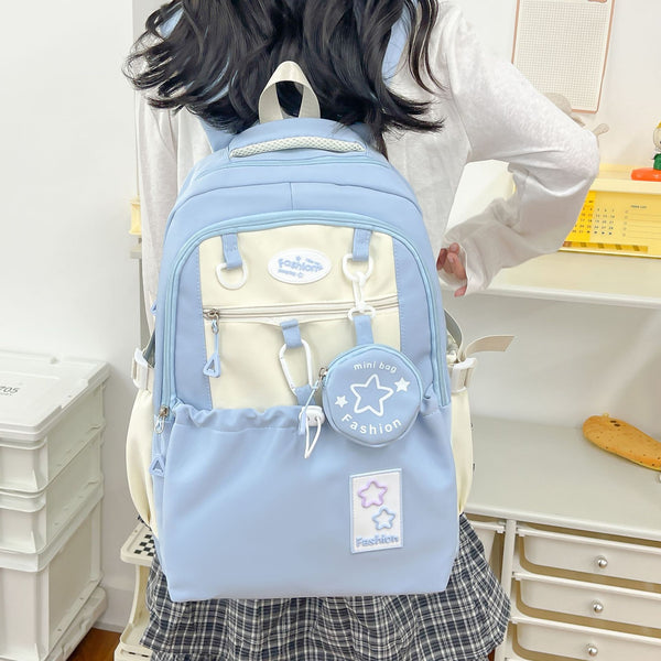 Kawaii Star Patch School Backpack for Girls – Large Capacity Nylon Bag