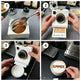 A four-panel collage showing a white instant-camera-style coffee maker being used to brew coffee. Step 1 shows brown powder being poured into the cup holder.