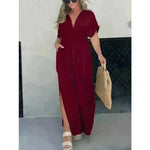 Fashion Bat-sleeved V-neck Slit Dress Summer Beach Short Sleeve Elastic Waist Split Long Dresses Womens Clothing - EX-STOCK CANADA