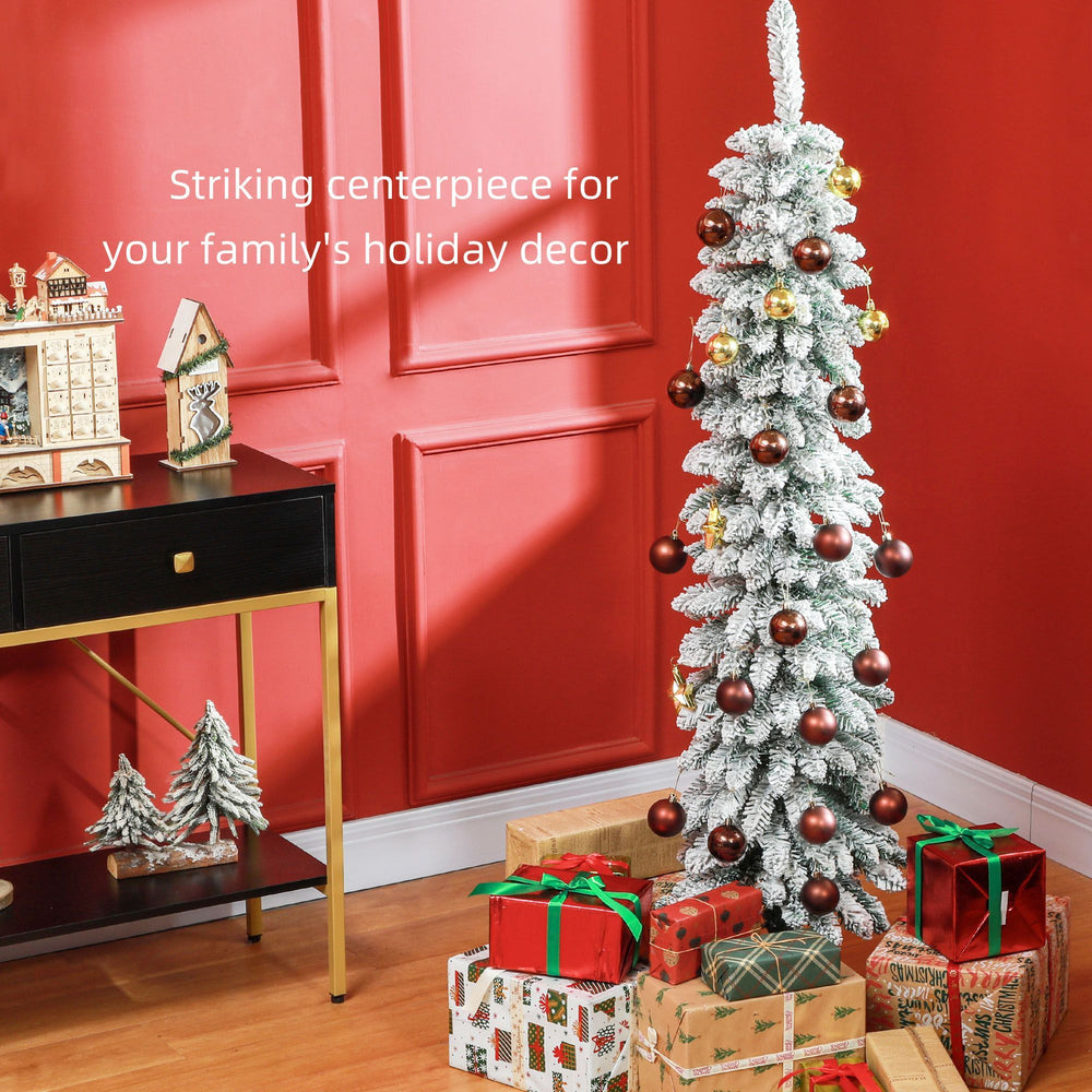 5ft Snow-Flocked Artificial Christmas Tree, Slim Pencil Xmas Tree With 301 Realistic Branches, Metal Base, Green EX-STOCK Canada 