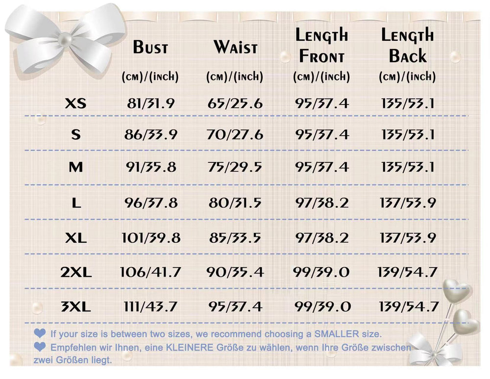 A size chart table for apparel with columns labeled Bust, Waist, Length Front, and Length Back, showing sizes XS through 3XL in centimeters and inches. The chart has a beige textured background with a white bow at top left and decorative ribbon graphics at bottom right.