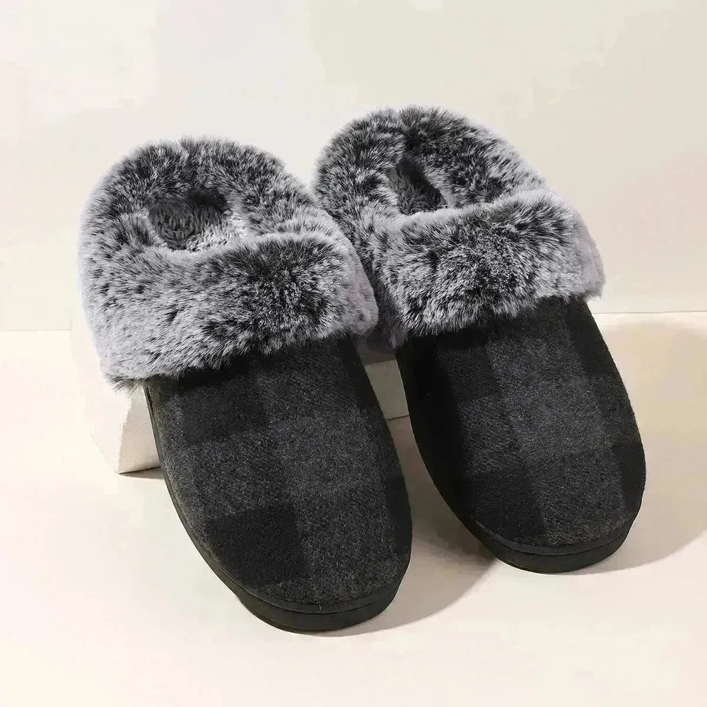 Winter Warm Plaid Plush Slippers Home Indoor Non-slip Bedroom Floor Soft Fuzzy Slipper For Couple Fashion Solid House Shoes - EX-STOCK CANADA