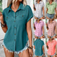 Lapel Shoulder Pleated Pocket Short Sleeve Top Shirt T-shirt Women - EX-STOCK CANADA