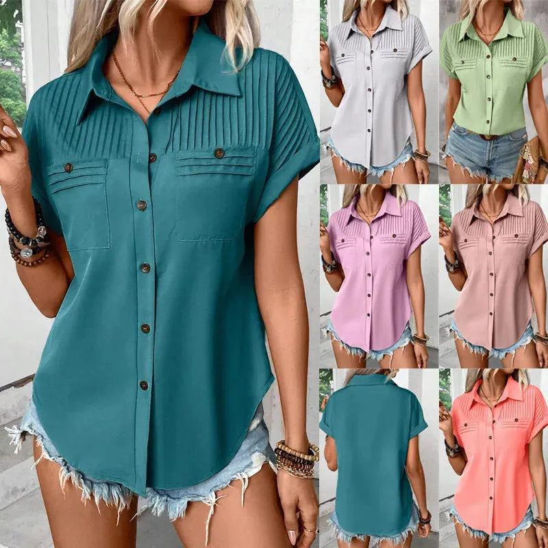Lapel Shoulder Pleated Pocket Short Sleeve Top Shirt T-shirt Women - EX-STOCK CANADA