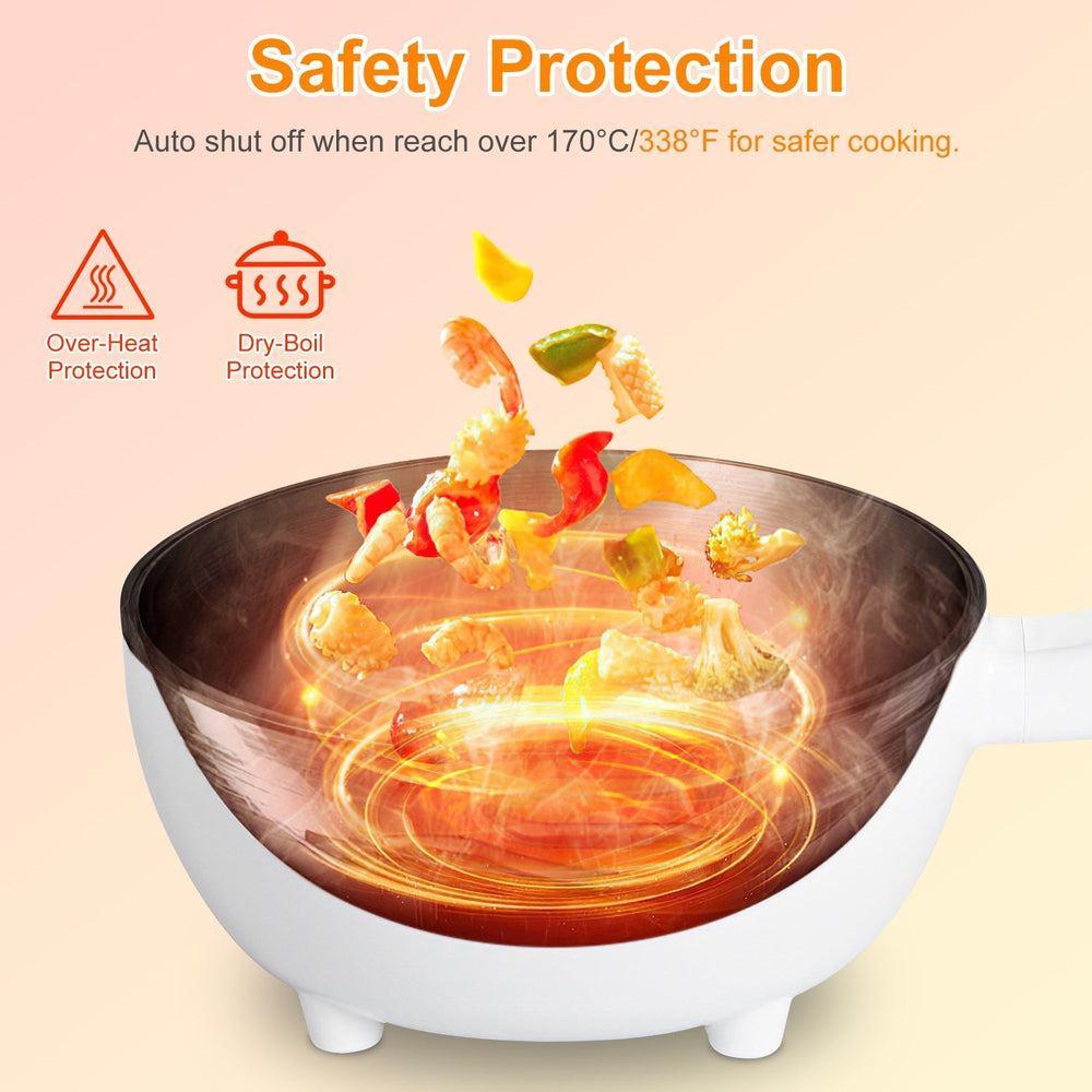 Electric Hot Pot Non-Stick Frying Pan Portable Rapid Noodles Cooker With Long Handle Steamer Spatula Dual Power Control Overheat Dry-Boil Protection For College Dorm Room Essential EX-STOCK
