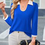 Casual Color Matching Lapel Long Sleeve Blouse Top Women