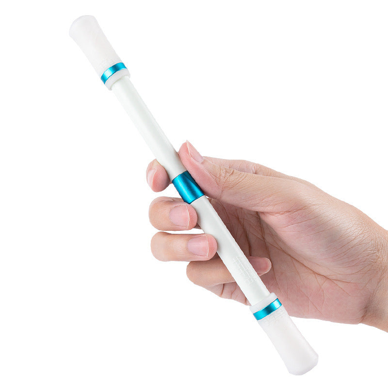 Hand holding a white and blue pen-like device on a white background
