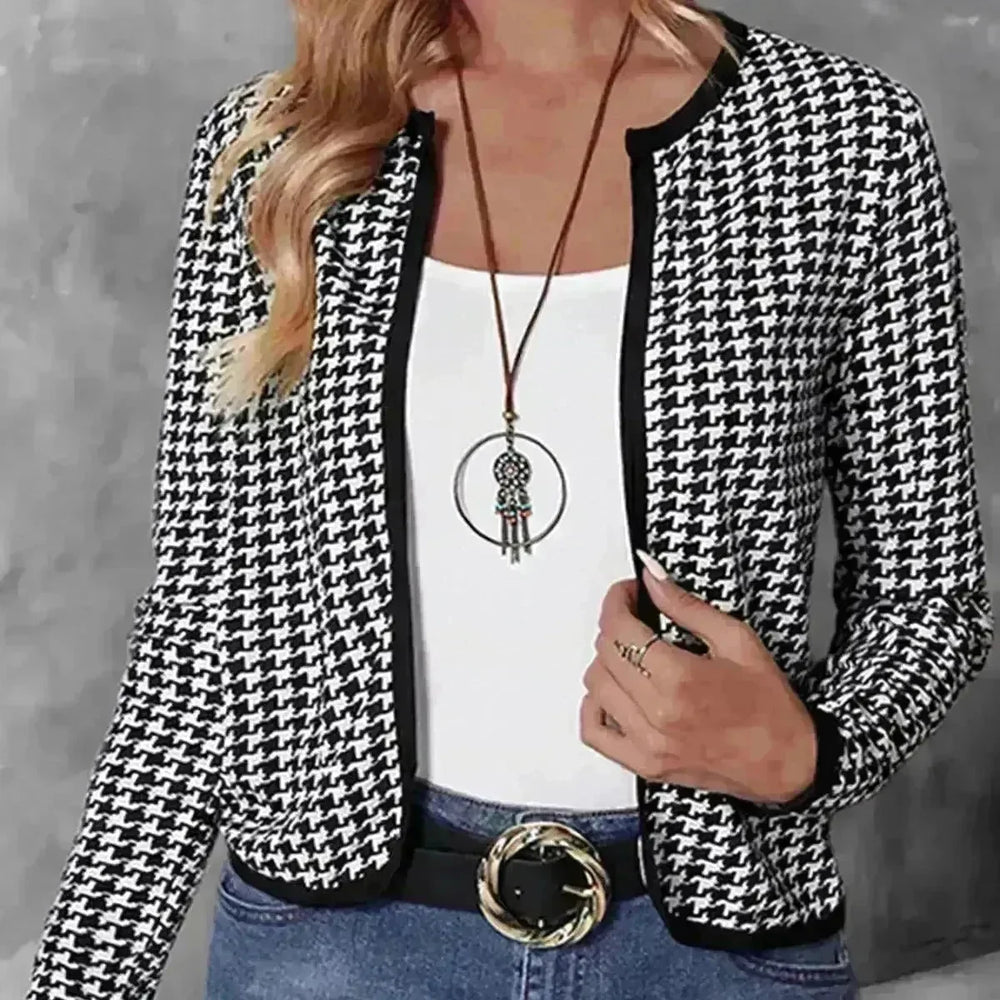 Casual Cardigan Long Sleeve Houndstooth Short Women's Coat - EX-STOCK CANADA
