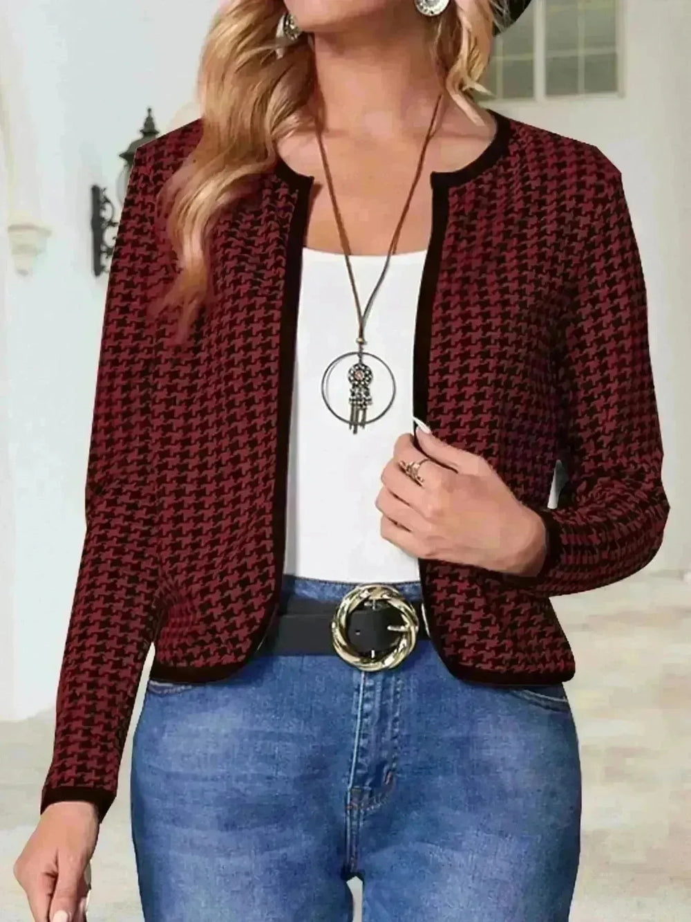 Casual Cardigan Long Sleeve Houndstooth Short Women's Coat - EX-STOCK CANADA