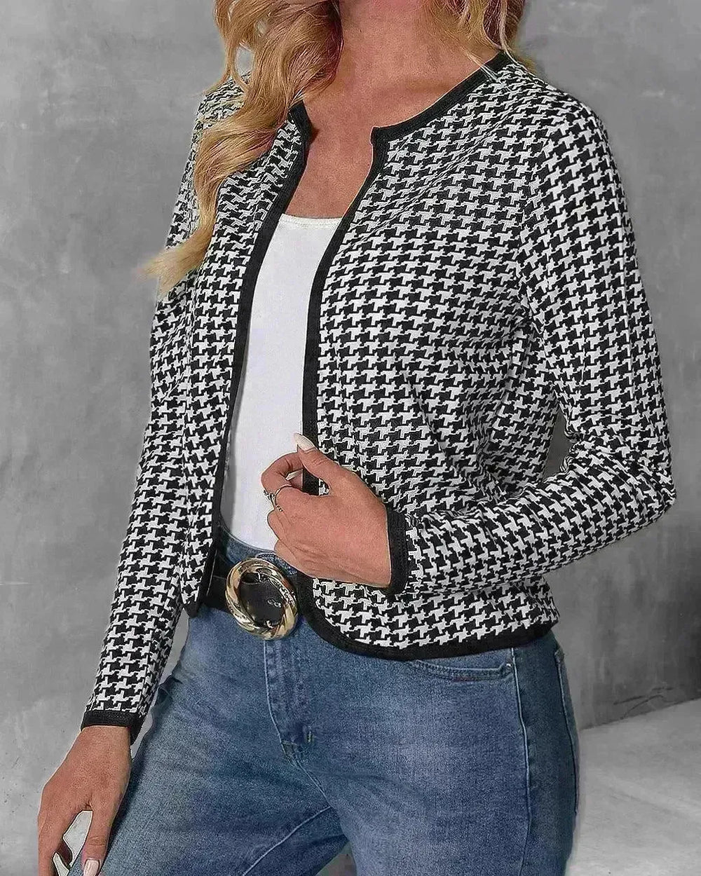 Casual Cardigan Long Sleeve Houndstooth Short Women's Coat - EX-STOCK CANADA