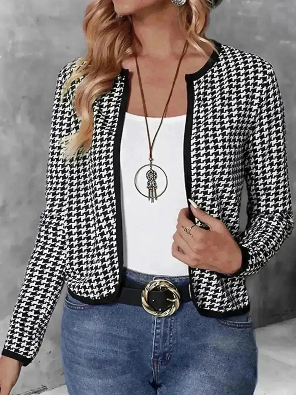 Casual Cardigan Long Sleeve Houndstooth Short Women's Coat - EX-STOCK CANADA